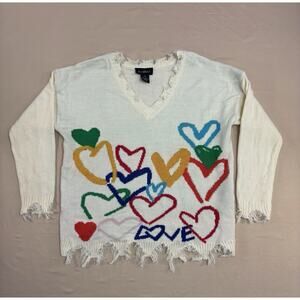 Runway Vintage Multicolor Heart Sweater Distressed Frayed Women’s Medium